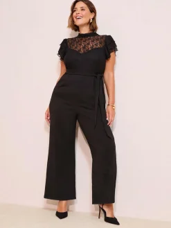 Friends Like These Black Curve Lace Scuba Mix Frill Sleeve Jumpsuit^Women Jumpsuits & Playsuits