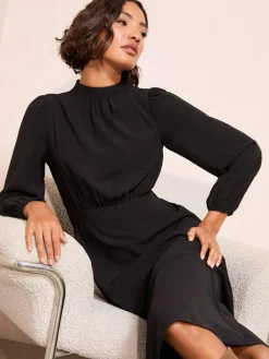 Online Friends Like These High Neck Long Sleeve Midi Dress with Bow Detailing Black
