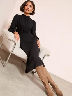 Online Friends Like These High Neck Long Sleeve Midi Dress with Bow Detailing Black