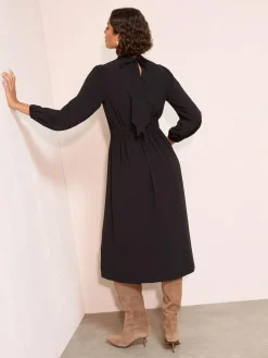 Online Friends Like These High Neck Long Sleeve Midi Dress with Bow Detailing Black
