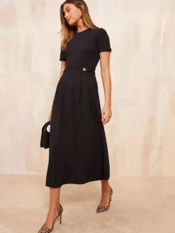 Friends Like These Petite Tab Detail Short Sleeve Midi Tailored Dress Black