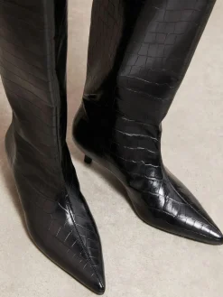 Friends Like These Black Faux Croc Leather Kitten Heel Formal Knee High Shaft Long Boots^Women Boots & Wellies|Boots