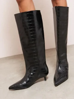 Friends Like These Black Faux Croc Leather Kitten Heel Formal Knee High Shaft Long Boots^Women Boots & Wellies|Boots