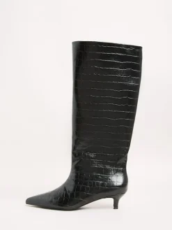 Friends Like These Black Faux Croc Leather Kitten Heel Formal Knee High Shaft Long Boots^Women Boots & Wellies|Boots