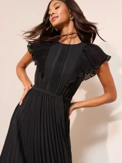 Hot Friends Like These Chiffon Pleated Lace Insert Midi Dress Black