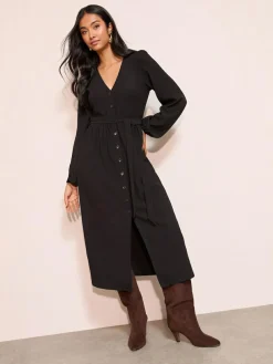 Friends Like These Long Sleeve Tie Waist Button Up Textured Midi Dress Black