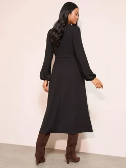 Friends Like These Long Sleeve Tie Waist Button Up Textured Midi Dress Black