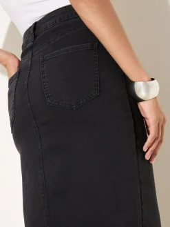 Discount Friends Like These Petite Split Front Denim Midi Skirt Black