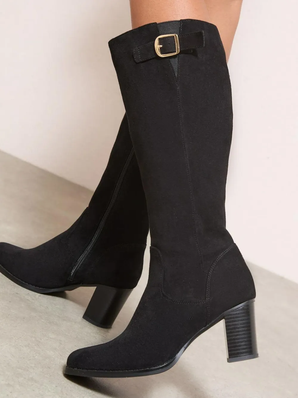 Friends Like These Standard fit Standard / Wide Fit Faux Suede Mid Heel Buckle Smart Knee High Boots^Women Boots & Wellies|Boots