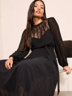 Outlet Friends Like These Petite Lace Yoke Long Sleeve Pleated Chiffon Midi Dress Black