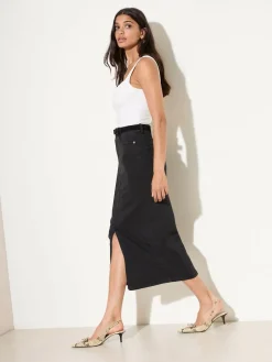 New Friends Like These Split Front Denim Midi Skirt Black