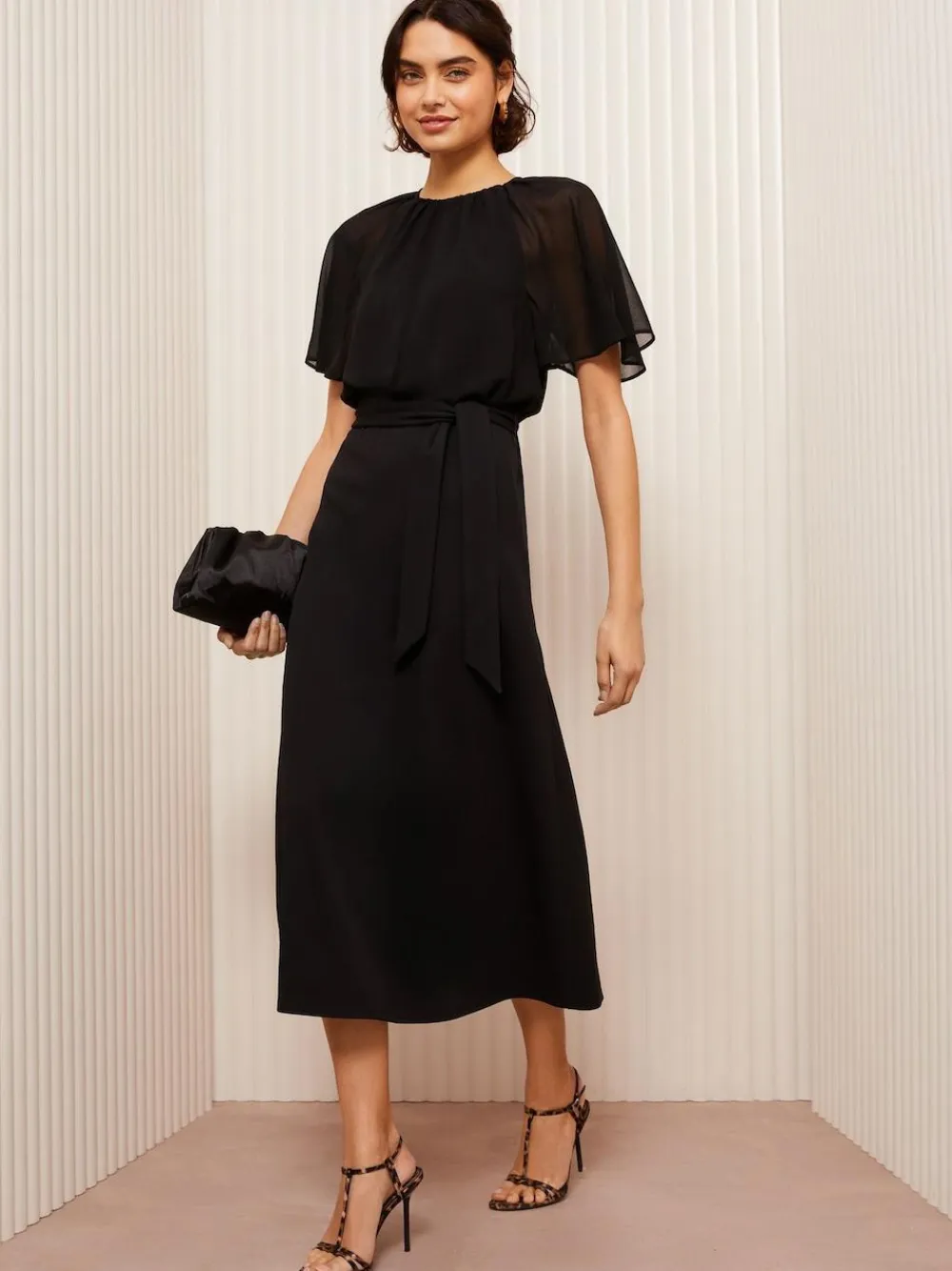 Outlet Friends Like These Black Scuba Chiffon Flutter Sleeve Midi Dress