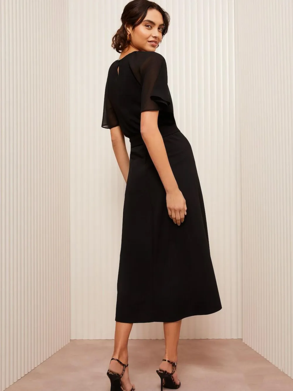 Outlet Friends Like These Black Scuba Chiffon Flutter Sleeve Midi Dress