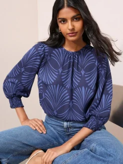 Best Friends Like These 3/4 Sleeve Shirred Cuff Blouse Blue Fan Print