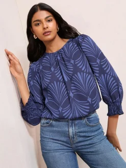Best Friends Like These 3/4 Sleeve Shirred Cuff Blouse Blue Fan Print