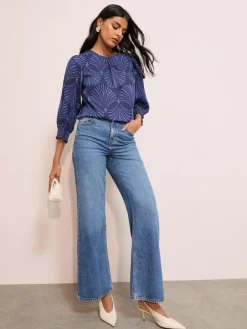 Best Friends Like These 3/4 Sleeve Shirred Cuff Blouse Blue Fan Print