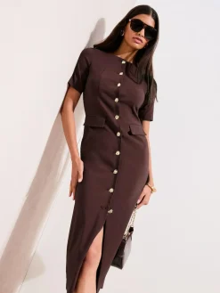 Outlet Friends Like These Sculpting Stretch Button Midi Dress Brown