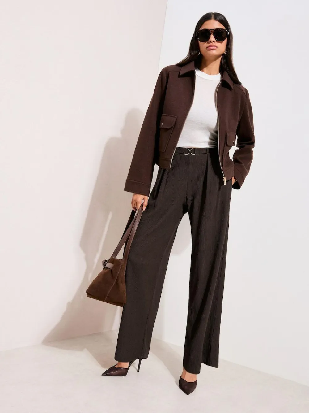 Friends Like These Petite Crinkle Jersey Wide Leg Trousers with Buckle Front^Women Pants