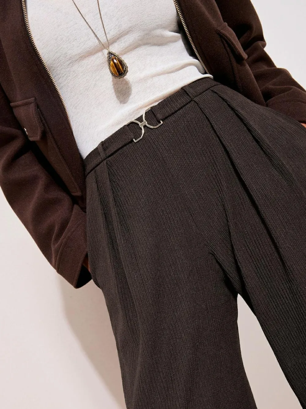 Friends Like These Petite Crinkle Jersey Wide Leg Trousers with Buckle Front^Women Pants