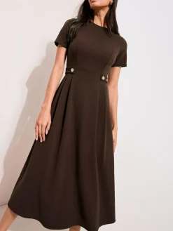 Friends Like These Tab Detail Short Sleeve Midi Tailored Dress Brown