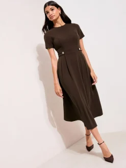 Friends Like These Tab Detail Short Sleeve Midi Tailored Dress Brown