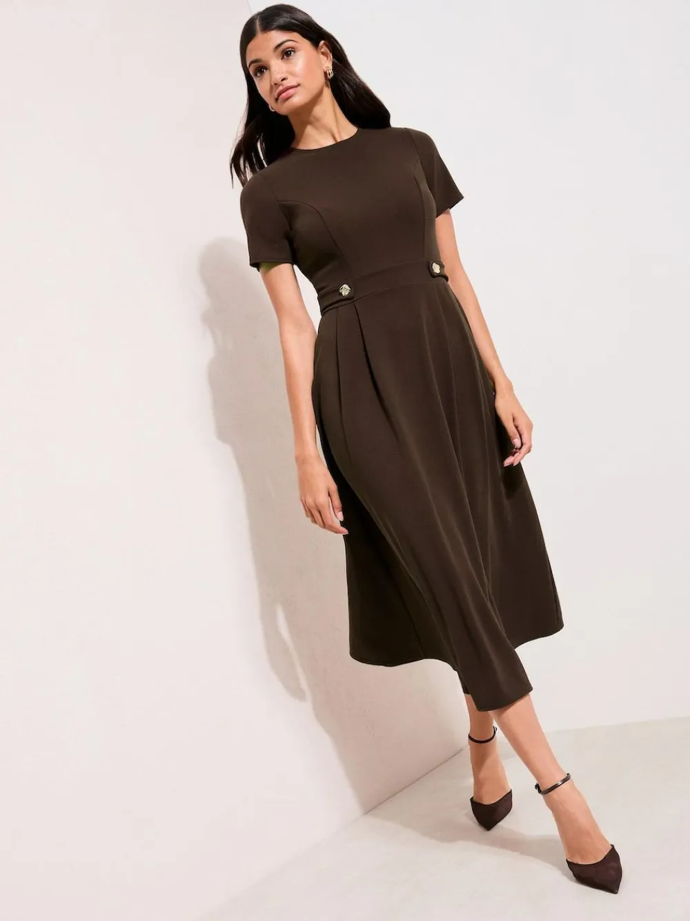 Friends Like These Tab Detail Short Sleeve Midi Tailored Dress Brown