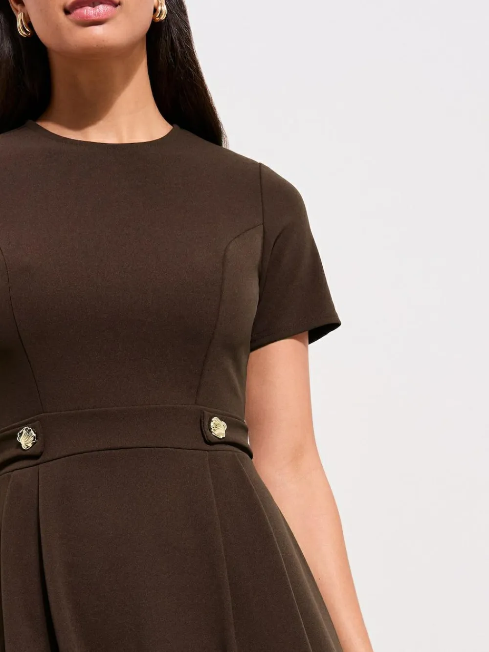 Friends Like These Tab Detail Short Sleeve Midi Tailored Dress Brown