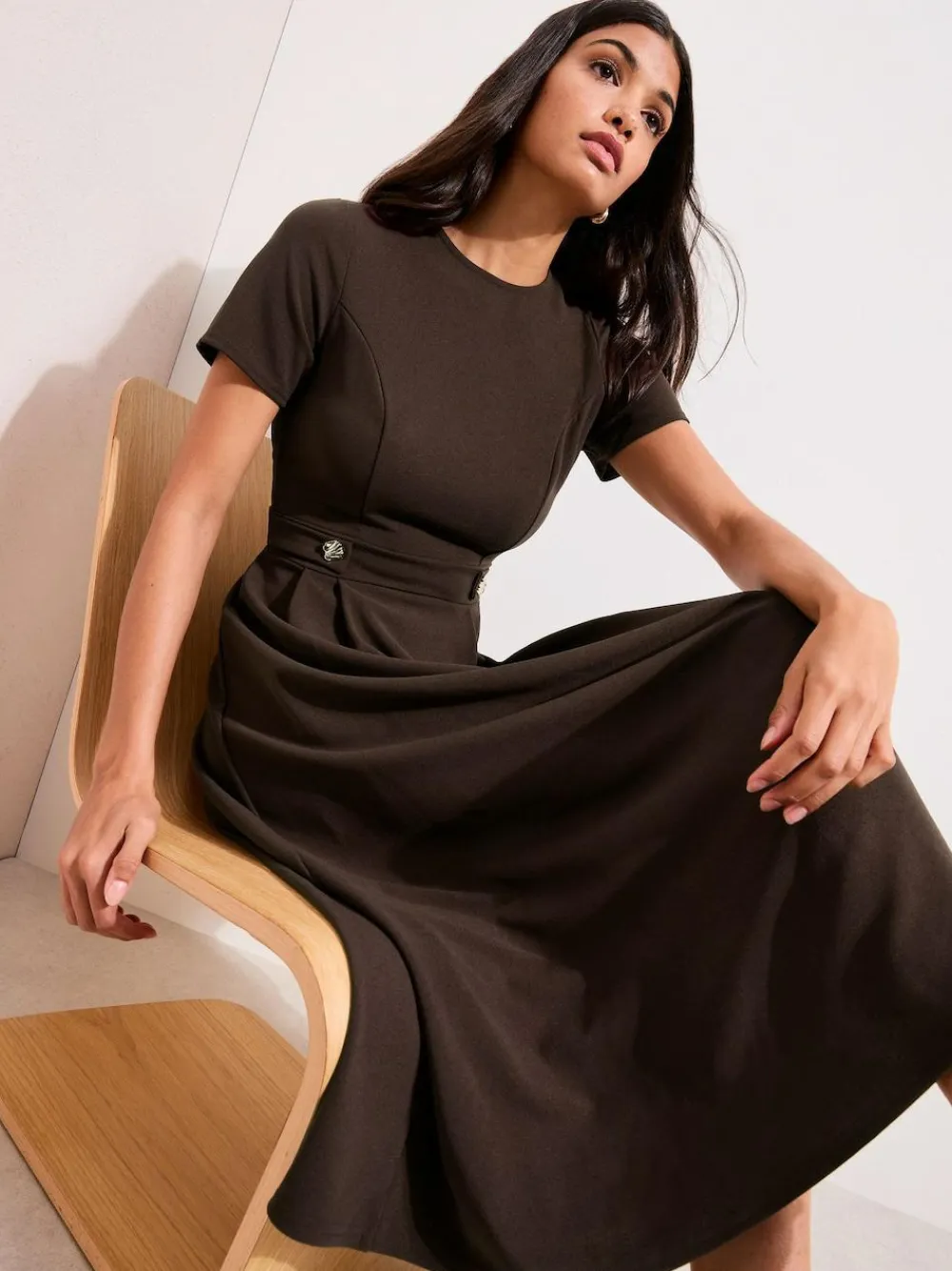Friends Like These Tab Detail Short Sleeve Midi Tailored Dress Brown