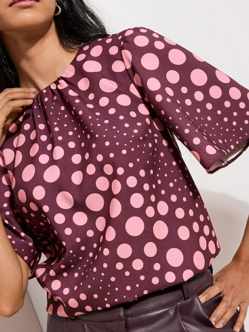 Online Friends Like These Short Sleeve Tie Back Blouse Burgundy Spot