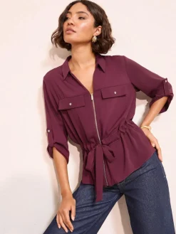 Online Friends Like These Utility Style Tie Waist Shirt Burgundy