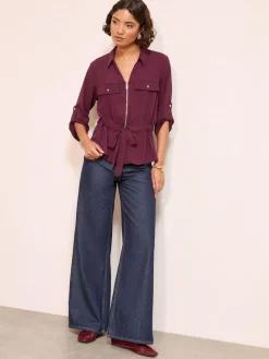 Online Friends Like These Utility Style Tie Waist Shirt Burgundy