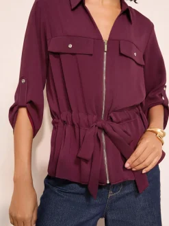 Online Friends Like These Utility Style Tie Waist Shirt Burgundy