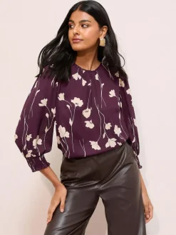 Friends Like These 3/4 Sleeve Shirred Cuff Blouse Burgundy Floral Print