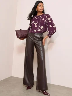 Friends Like These 3/4 Sleeve Shirred Cuff Blouse Burgundy Floral Print