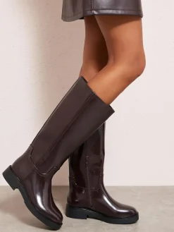 Sale Friends Like These Wide Fit Faux Leather Casual Flat Pull On Knee High Long Riding Boots Burgundy Red