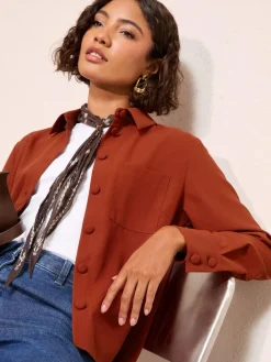 Online Friends Like These Boxy Covered Button Shirt Burnt Orange