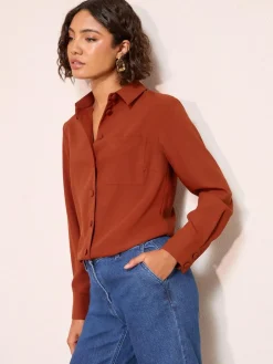 Online Friends Like These Boxy Covered Button Shirt Burnt Orange