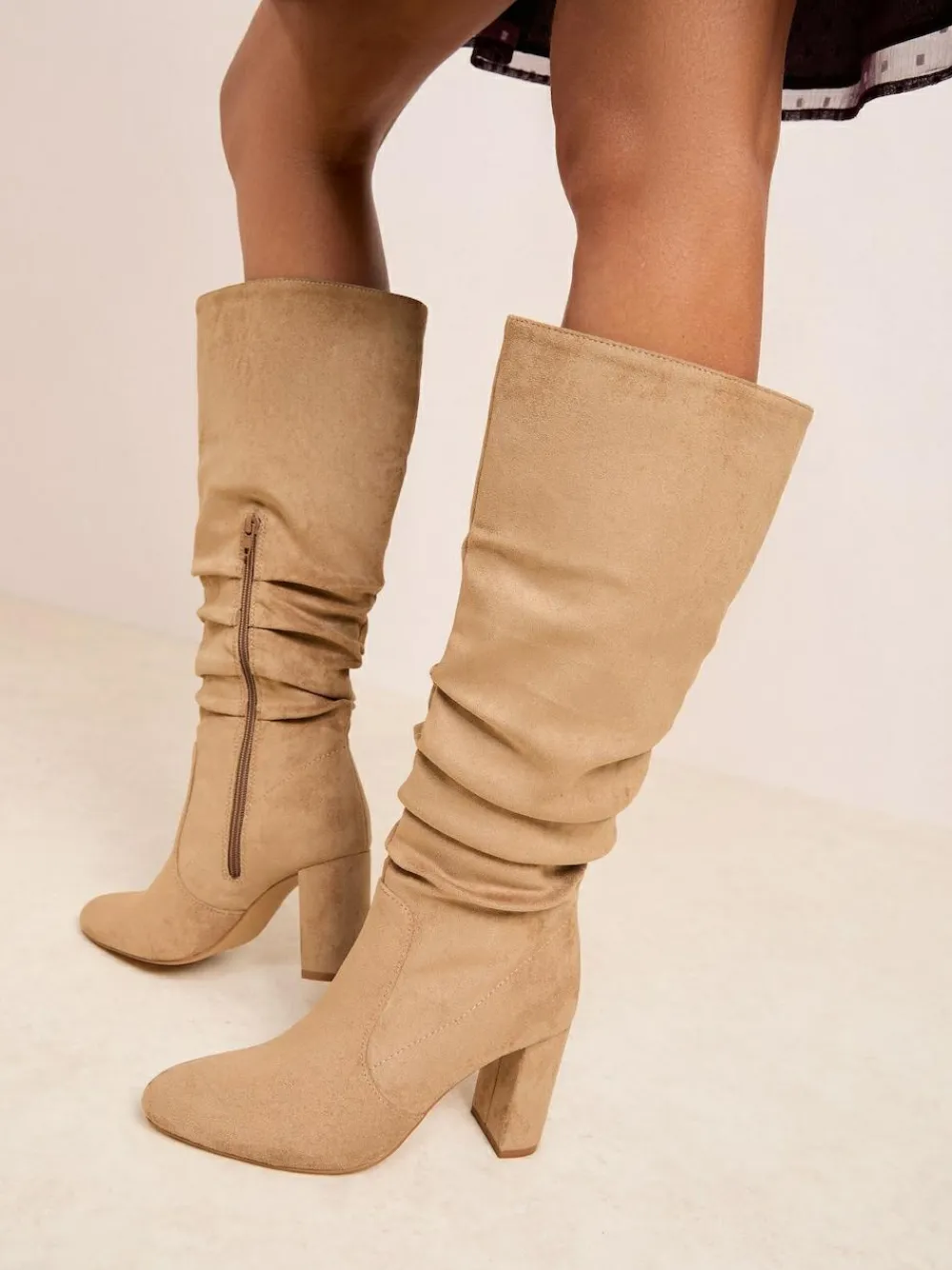 Friends Like These Standard fit Ruched Block Heel Knee High Long Faux Suede Boots^Women Boots & Wellies|Boots