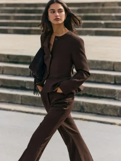 Online Friends Like These Chocolate Brown Peplum Collarless Jacket