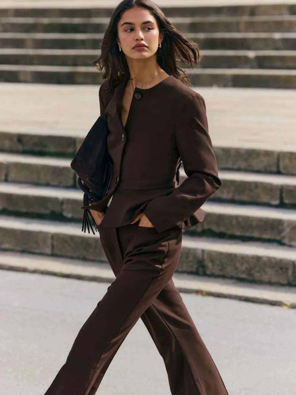 Online Friends Like These Chocolate Brown Peplum Collarless Jacket