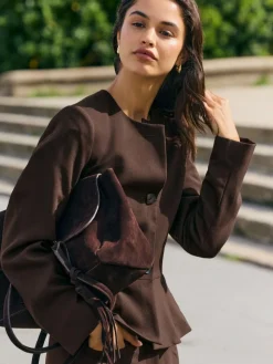 Online Friends Like These Chocolate Brown Peplum Collarless Jacket