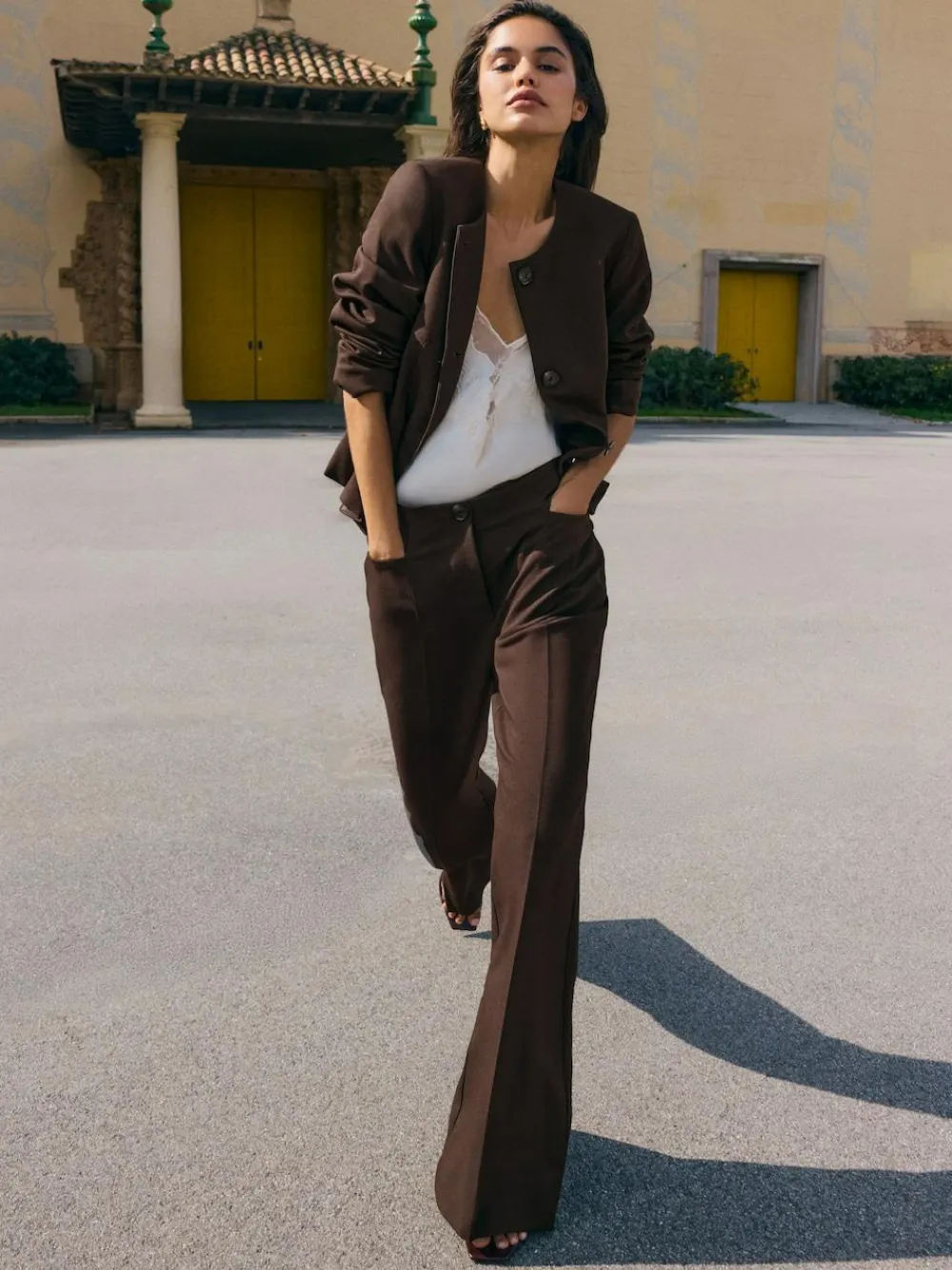 Online Friends Like These Chocolate Brown Peplum Collarless Jacket