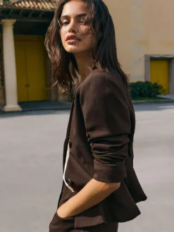 Online Friends Like These Chocolate Brown Peplum Collarless Jacket