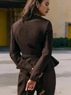 Online Friends Like These Chocolate Brown Peplum Collarless Jacket