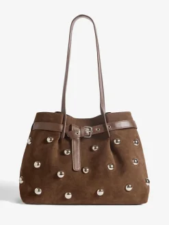 Friends Like These Chocolate Brown Faux Suede Studded Tote Bag^Women Bags