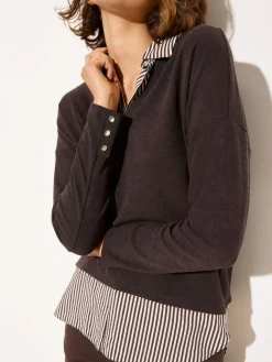 Best Friends Like These 2 in1 Button Shoulder Poplin Jersey Jumper Chocolate