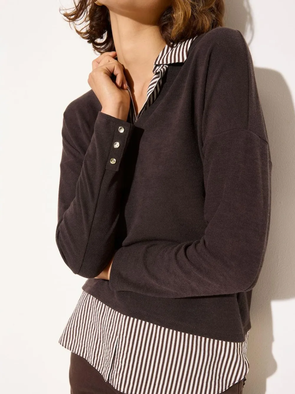 Best Friends Like These 2 in1 Button Shoulder Poplin Jersey Jumper Chocolate