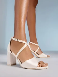 Friends Like These Cream Wide Fit Satin Cross Strap Mid Block Heel Peep Toe Bridal Sandals^Women Wide Fit & Extra Wide Fit
