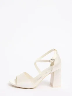 Friends Like These Cream Wide Fit Satin Cross Strap Mid Block Heel Peep Toe Bridal Sandals^Women Wide Fit & Extra Wide Fit
