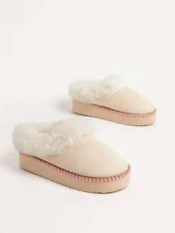 Friends Like These Faux Fur Cuff Embroidered Tape Nightwear Mule Slippers^Women Slippers